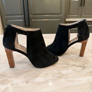Boden Black Leather Suede Ankle Boots Stacked Wood Heel Open Side US 7 EUR 37